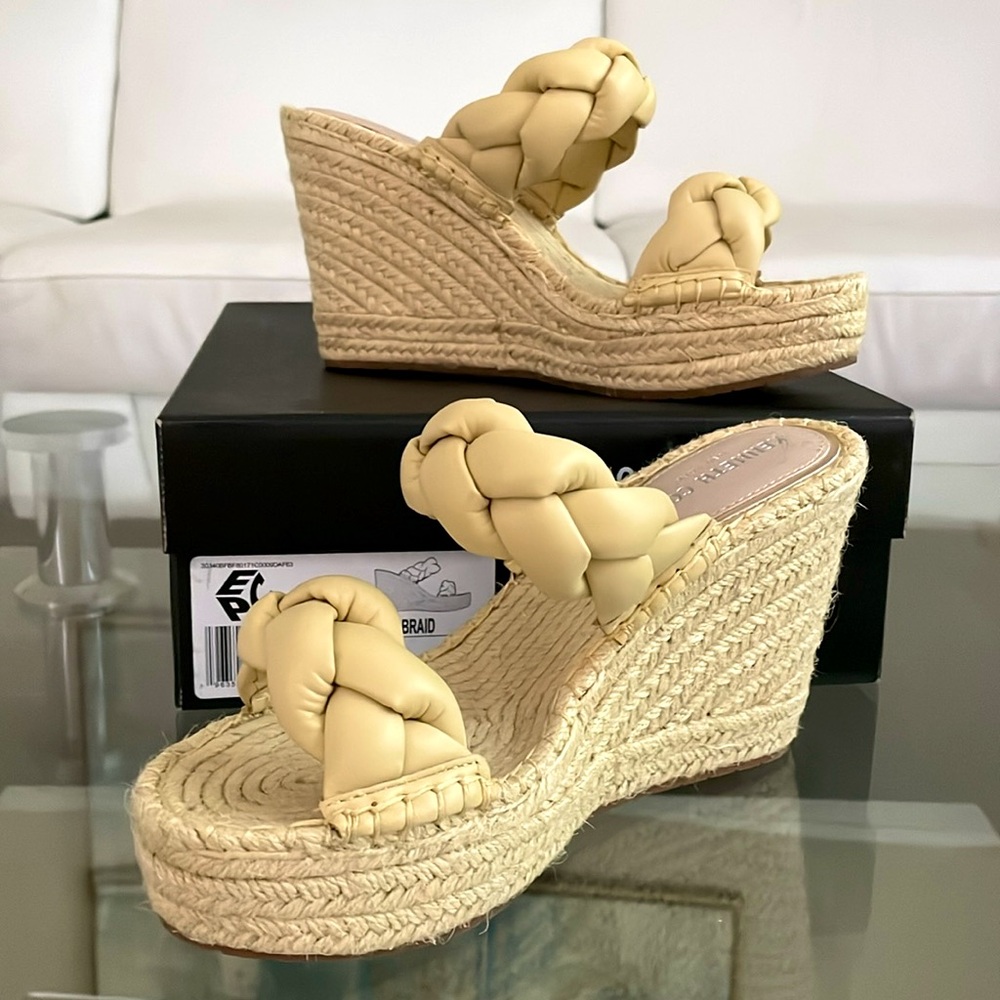 NIB Kenneth Cole Olivia BRAID soft yellow leather Wedge espadrille 4” heels $225